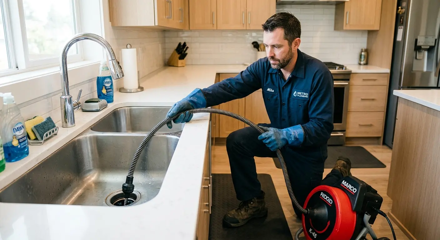 Drain cleaning technician using a motorized snake on a kitchen sink in Okmulgee