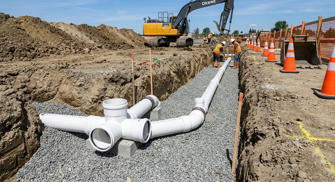 New PVC sewer pipe installation in open trench for Grease Trap Cleaning in Okmulgee