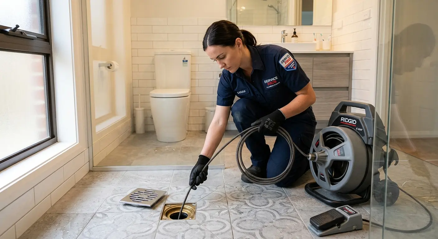 Technician clearing a bathroom floor drain for Drain Repair in Okmulgee